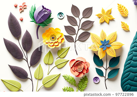 Separately sculpted plasticine flower and leaves isolated on white background 97722896