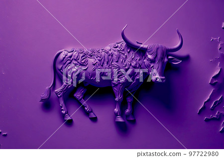 Bright purple sculpture of plasticine bull with powerful horns on purple background Bright purple sculpture of plasticine bull with powerful horns on purple background 97722980