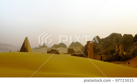 sunset Landscape of Meroe pyramids in the desert, Sudan, sunset Landscape of Meroe pyramids in the desert, Sudan, 97723015