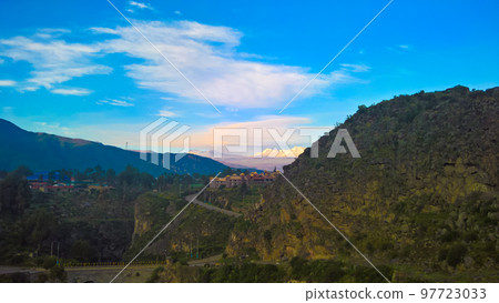 Aerial sunrise panoramic view to Colca river and Sabancaya mountain in Chivay, Peru 97723033