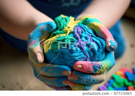 Baby sculpts by hand plasticine animals on table 97723065