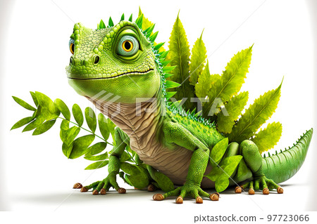 Funny sculpture of green plasticine iguana isolated on white background 97723066