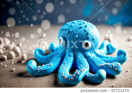 Bright blue plasticine octopus with spread tentacles on surface of table 97723279