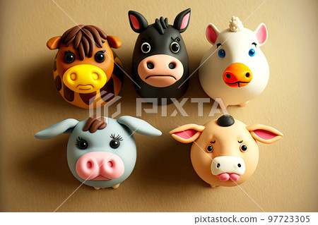 Sculpted plasticine animals with different faces on light background Sculpted plasticine animals with different faces on light background 97723305