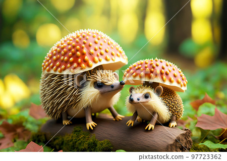 Two cute plasticine hedgehogs sit on log under mushroom Two cute plasticine hedgehogs sit on log under mushroom 97723362