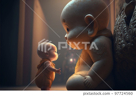 baby buddhist monk praying in front of buddah statue illustration generative ai baby buddhist monk praying in front of buddah statue illustration generative ai 97724560
