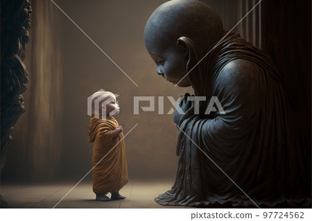 baby buddhist monk praying in front of buddah statue illustration generative ai 97724562