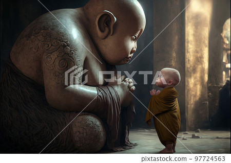 baby buddhist monk praying in front of buddah statue illustration generative ai baby buddhist monk praying in front of buddah statue illustration generative ai 97724563
