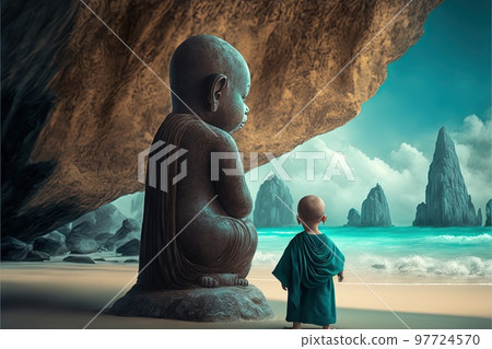 baby buddhist monk praying in front of buddah statue illustration generative ai baby buddhist monk praying in front of buddah statue illustration generative ai 97724570