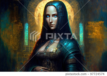 futuristic cyberpunk mona lisa portrait illustration generative ai 97724574