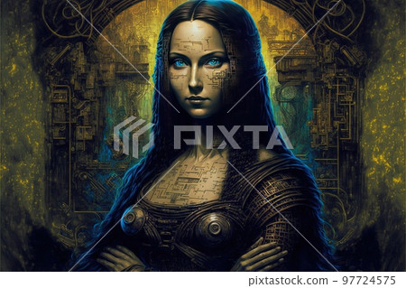 futuristic cyberpunk mona lisa portrait illustration generative ai 97724575