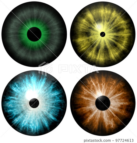 Human and animal eyes. Big eye with striped colorful iris and dark thin pupil 97724613
