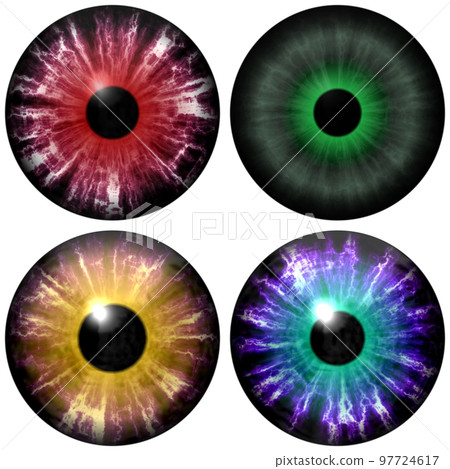 Human and animal eyes. Big eye with striped colorful iris and dark thin pupil 97724617