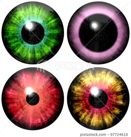Human and animal eyes. Big eye with striped colorful iris and dark thin pupil 97724618