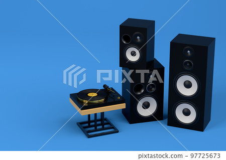 Set of Hi-fi speakers and DJ turntable for sound recording studio on blue. 97725673