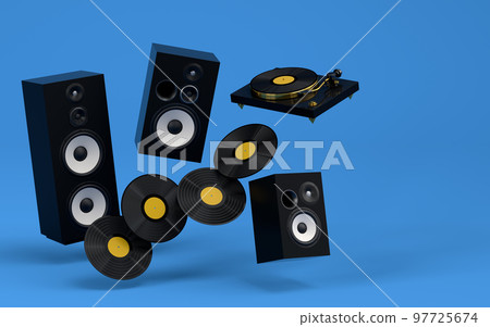 Set of Hi-fi speakers and DJ turntable for sound recording studio on blue. 97725674
