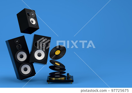 Set of Hi-fi speakers and DJ turntable for sound recording studio on blue. Set of Hi-fi speakers and DJ turntable for sound recording studio on blue. 97725675