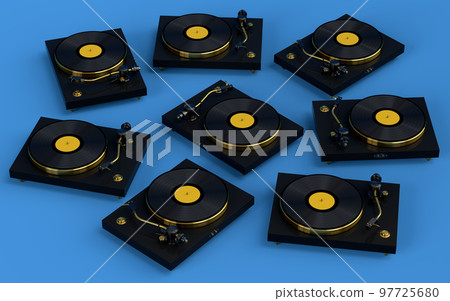 Set of vinyl record player or DJ turntable with retro vinyl disk on blue. Set of vinyl record player or DJ turntable with retro vinyl disk on blue. 97725680