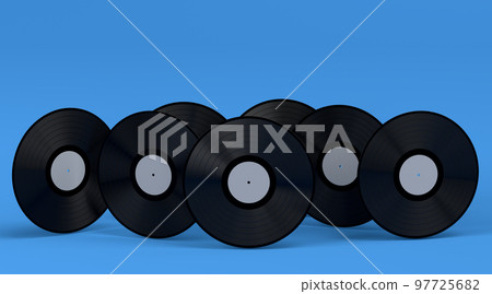 Set of vinyl LP records with label isolated on blue background. 97725682