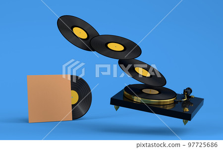 Set of Hi-fi speakers and DJ turntable with vinyl LP record on heap of covers 97725686