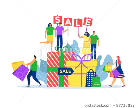 Sale for buying cartoon gift in shop, vector illustration. People man woman character use discount and buy present box, happy christmas sale concept. Sale for buying cartoon gift in shop, vector illustration. People man woman character use discount and buy present box, happy christmas sale concept. 97725852