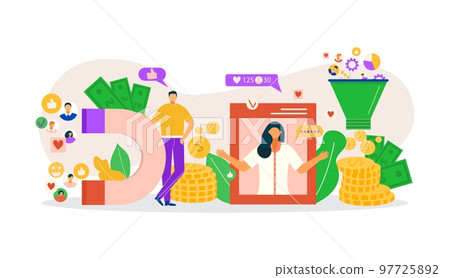 Monetize online blog, internet content marketing vector illustration. Flat monetization business, money from blog ads concept. Woman at social media 97725892