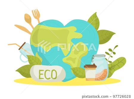 Eco life, ecology environment concept vector illustration. Green planet and organic product for save environment earth life. Graphic nature globe Eco life, ecology environment concept vector illustration. Green planet and organic product for save environment earth life. Graphic nature globe 97726028