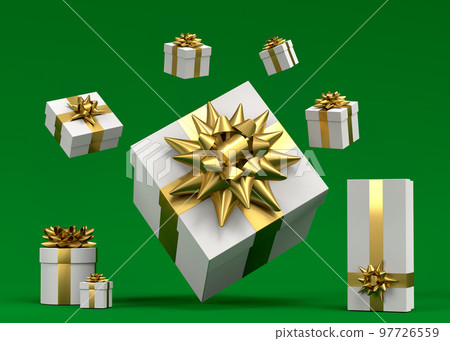 Gift boxes with ribbon and bow for Merry Christmas flying and falling on green 97726559