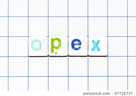 Colorful tile letter in word OPEX (abbreviation of operating expense) on white grid background Colorful tile letter in word OPEX (abbreviation of operating expense) on white grid background 97726737
