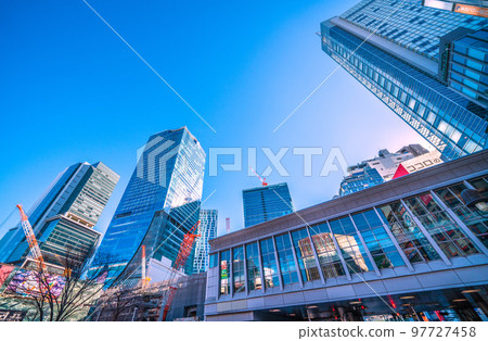 Tokyo cityscape in Japan 6 Shibuya buildings are in a row (the exterior of the Sakuragaoka redevelopment building is to be completed). Overlooking Shibuya Station and 6 Shibuya buildings 97727458