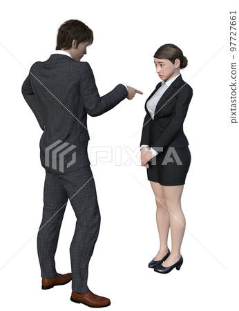 A female employee who is scolded by her boss and reflects on her actions, and her boss scolds her with a pointing pose. An illustration of a Japanese 3D model in full body sideways and from behind. A female employee who is scolded by her boss and reflects on her actions, and her boss scolds her with a pointing pose. An illustration of a Japanese 3D model in full body sideways and from behind. 97727661