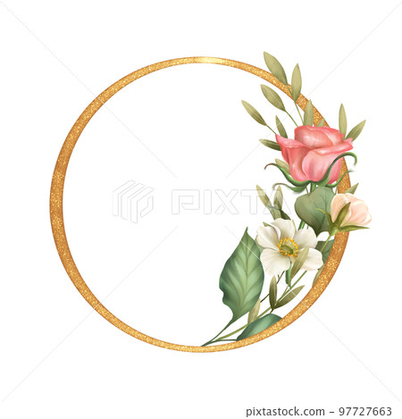 Gold round frame with flowers and green leaves. Floral Wedding card decor. Gold round frame with flowers and green leaves. Floral Wedding card decor. 97727663