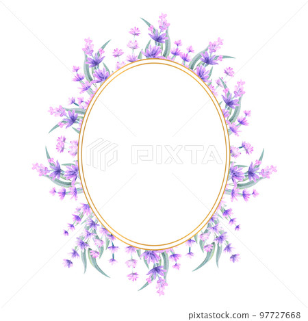 Lavender flowers in a oval gold frame. Hand-drawn watercolor illustration. For invitations, greeting cards, prints, posters, advertising 97727668