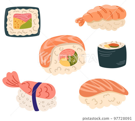 Sushi set. Asian Food. Perfect for restaurant cafe and print menus. Vector hand draw cartoon illustration. 97728091