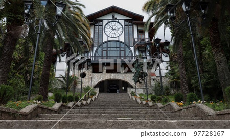 Gagra, Abkhazia, Georgia - June, 2022. View of the frontal part of the building of the famous Gagripsh restaurant in Gagra, Abkhazia 97728167