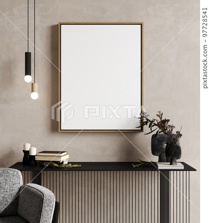 Frame mockup in home interior with decoration, living room in beige warm color with black console, 3d render Frame mockup in home interior with decoration, living room in beige warm color with black console, 3d render 97728541