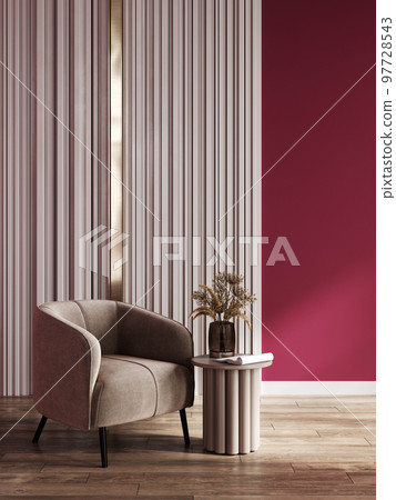 Viva Magenta contemporary minimalist interior with armchair, blank wall, coffee table and decor. 3d render illustration mockup. 97728543