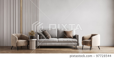 Light beige room interior, living room interior mockup, empty gray wall, 3d rendering 97728544