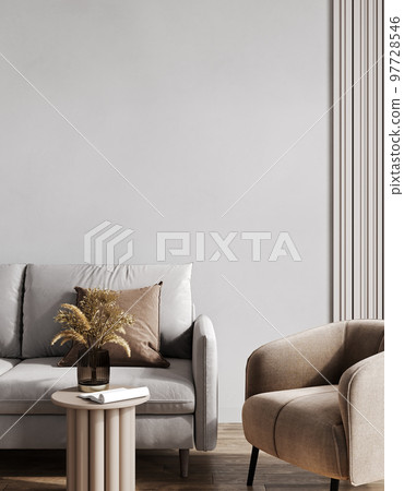 Light beige room interior, living room interior mockup, empty gray wall, 3d rendering 97728546