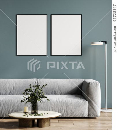 Two poster frames mockup in stylish blue living room, 3d rendering 97728547
