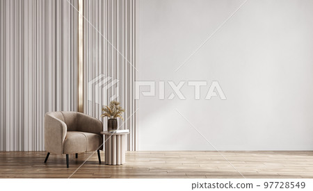 Room with light wall and wooden floor and beige modern armchair. Bright room interior mockup. Empty room for mockup. 3d rendering. 97728549