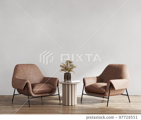 Living room mockup, bright interior design with leather armchairs on empty gray background, 3d render 97728551