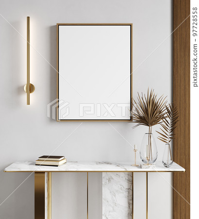 Mock up frame in white home interior background, bright room with minimal decor, 3d render Mock up frame in white home interior background, bright room with minimal decor, 3d render 97728558