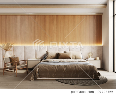Country style bedroom interior with wooden wall, beams and big bed, 3d render Country style bedroom interior with wooden wall, beams and big bed, 3d render 97728566