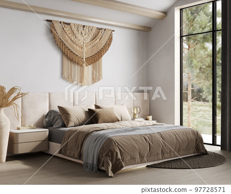 Home interior background, cozy beige bedroom with big bed, wooden beams and macrame, modern style, 3d render 97728571