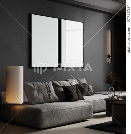 Mockup two poster frames in dark modern interior background, 3d rendering 97728584