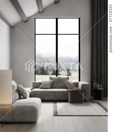 Modern room loft interior with big window white walls, wooden beams and floor, 3d rendering 97728585