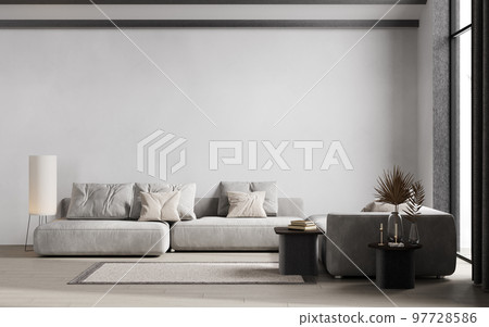 Contemporary gray white interior with furniture and decor. 3d render, illustration mockup. 97728586