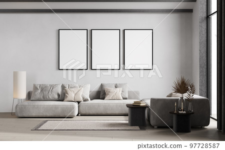 mock up poster frame in gray modern interior background, living room, Scandinavian style, 3D render, 3D illustration 97728587