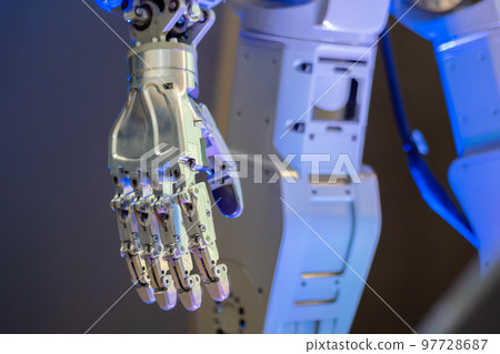Close up view of futuristic robot hand with fingers Close up view of futuristic robot hand with fingers 97728687